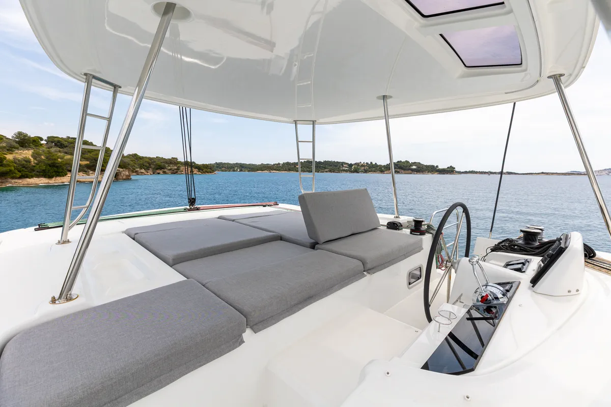 Cockpit of Lagoon 46, a catamaran at Kranidi, Greece