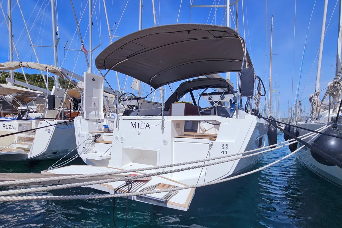 Exterior view of Mila, a Dufour 41 sailboat at Rogoznica, Croatia