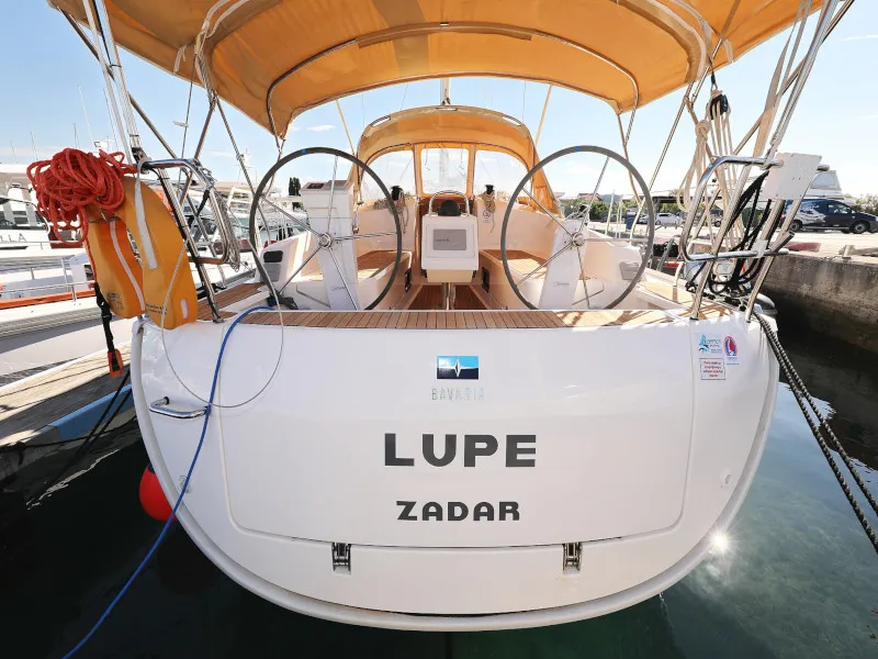Exterior view of Lupe, a Bavaria Cruiser 37 sailboat at Zadar, Croatia