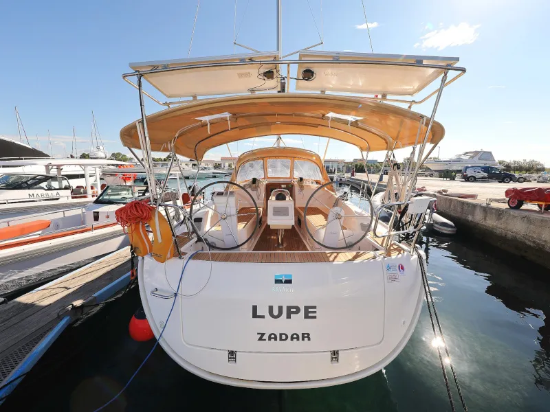 Exterior view of Lupe, a Bavaria Cruiser 37 sailboat at Zadar, Croatia