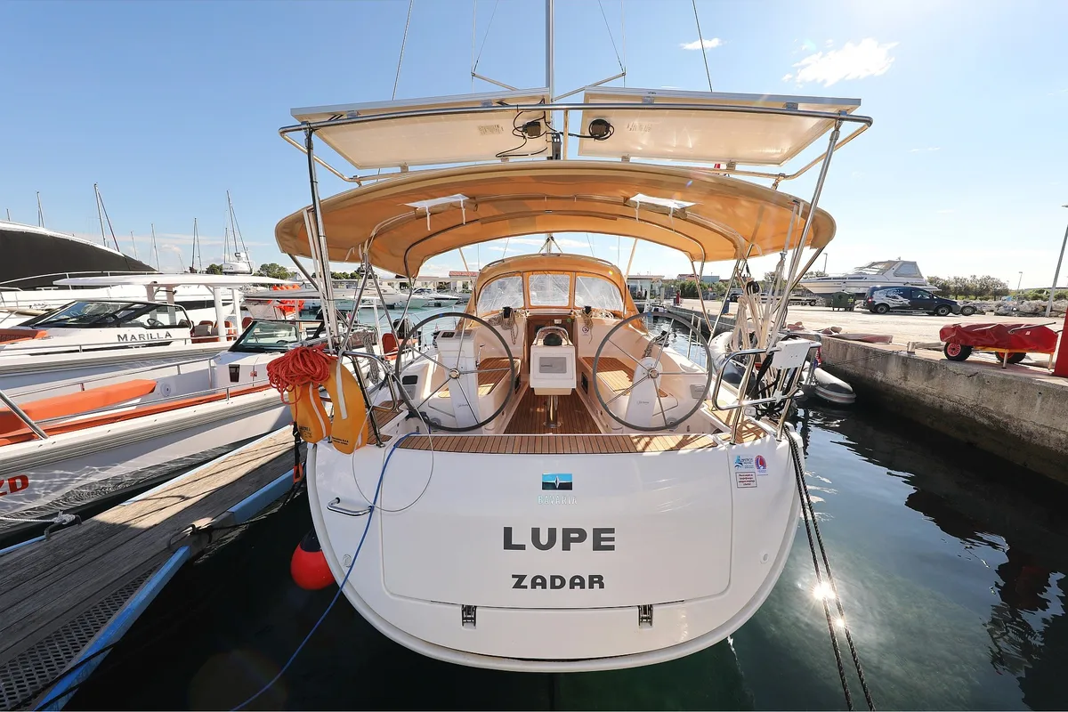 Exterior view of Lupe, a Bavaria Cruiser 37 sailboat at Zadar, Croatia