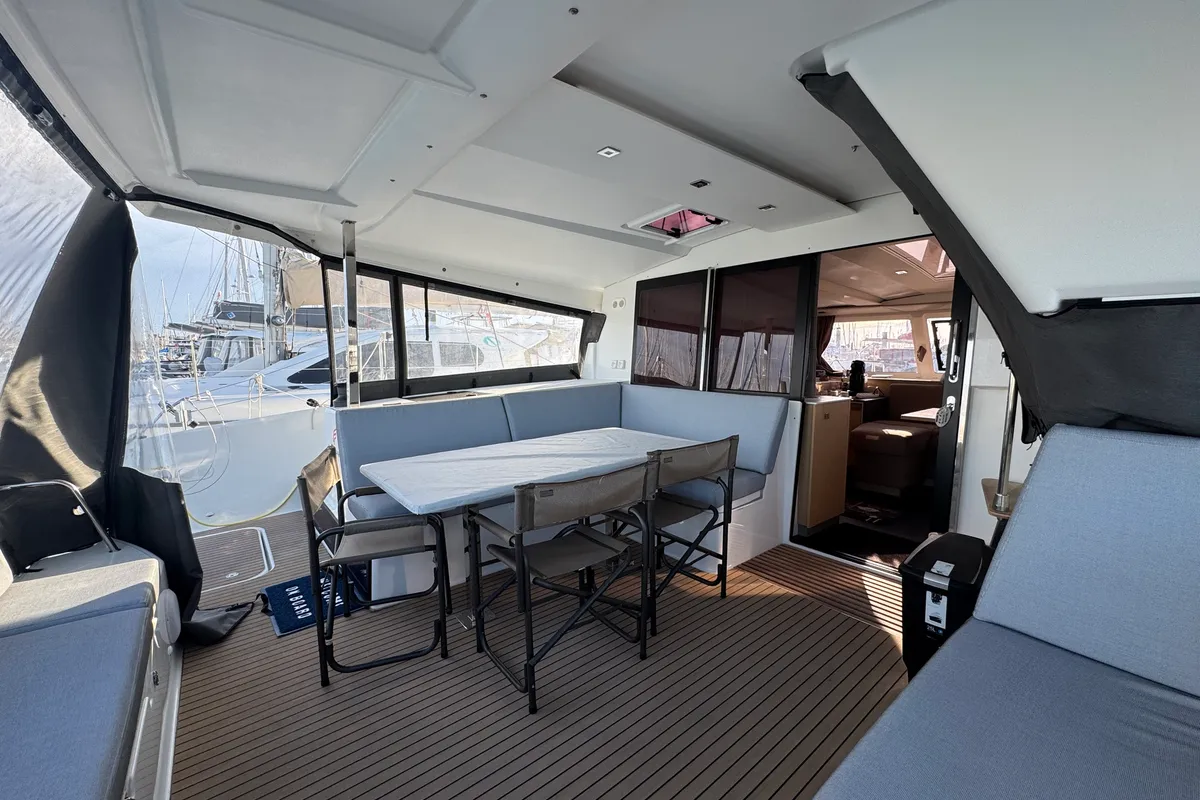 Deck of Jumapi, a Fountaine Pajot Isla 40 catamaran at La Rochelle, France