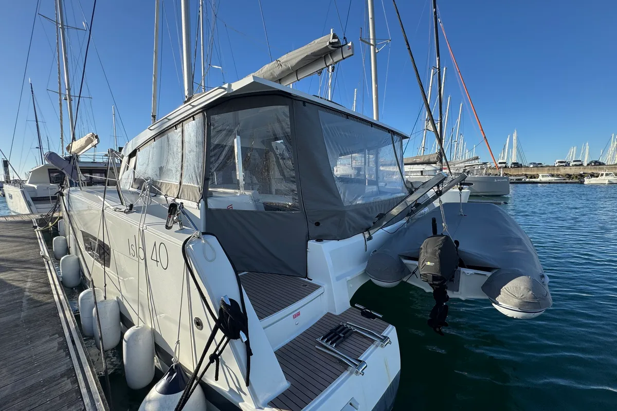 Exterior view of Jumapi, a Fountaine Pajot Isla 40 catamaran at La Rochelle, France