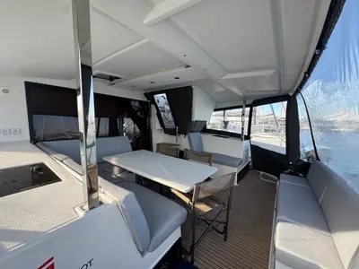 Deck of Jumapi, a Fountaine Pajot Isla 40 catamaran at La Rochelle, France