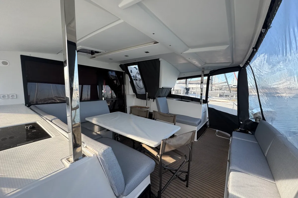 Deck of Jumapi, a Fountaine Pajot Isla 40 catamaran at La Rochelle, France