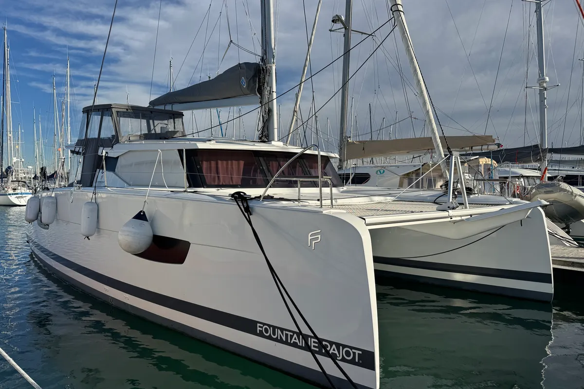Exterior view of Jumapi, a Fountaine Pajot Isla 40 catamaran at La Rochelle, France