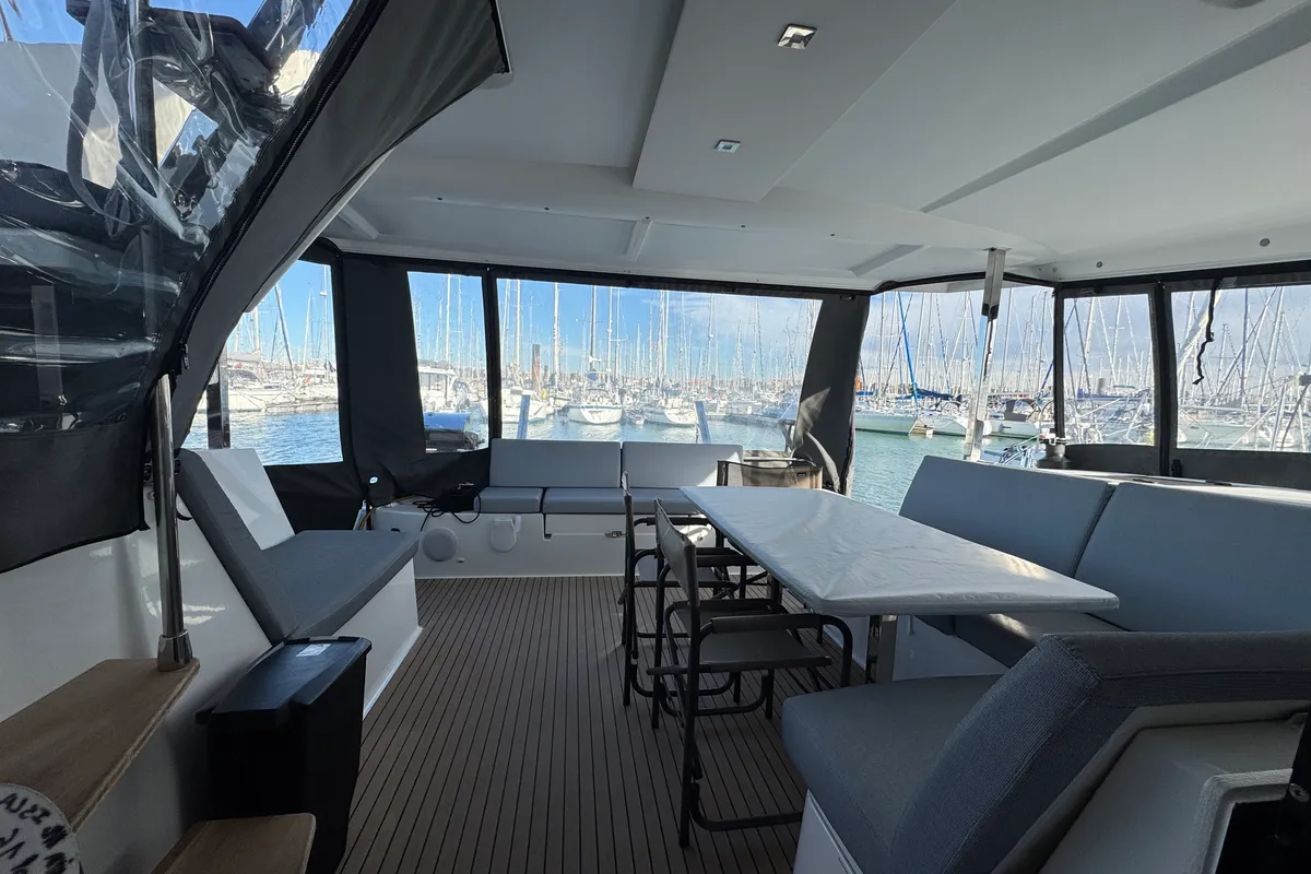 Deck of Jumapi, a Fountaine Pajot Isla 40 catamaran at La Rochelle, France