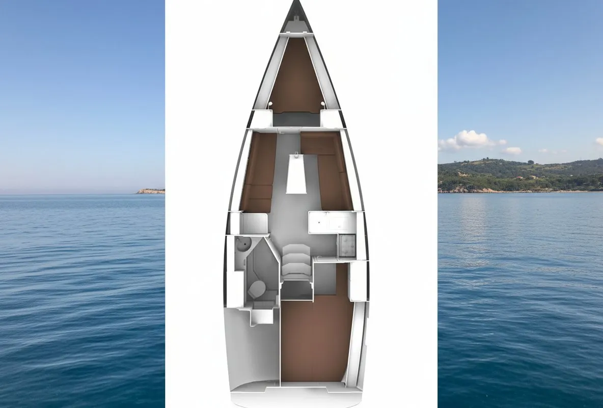 Exterior view of Burin, a Bavaria Cruiser 33 sailboat at Punat, Croatia