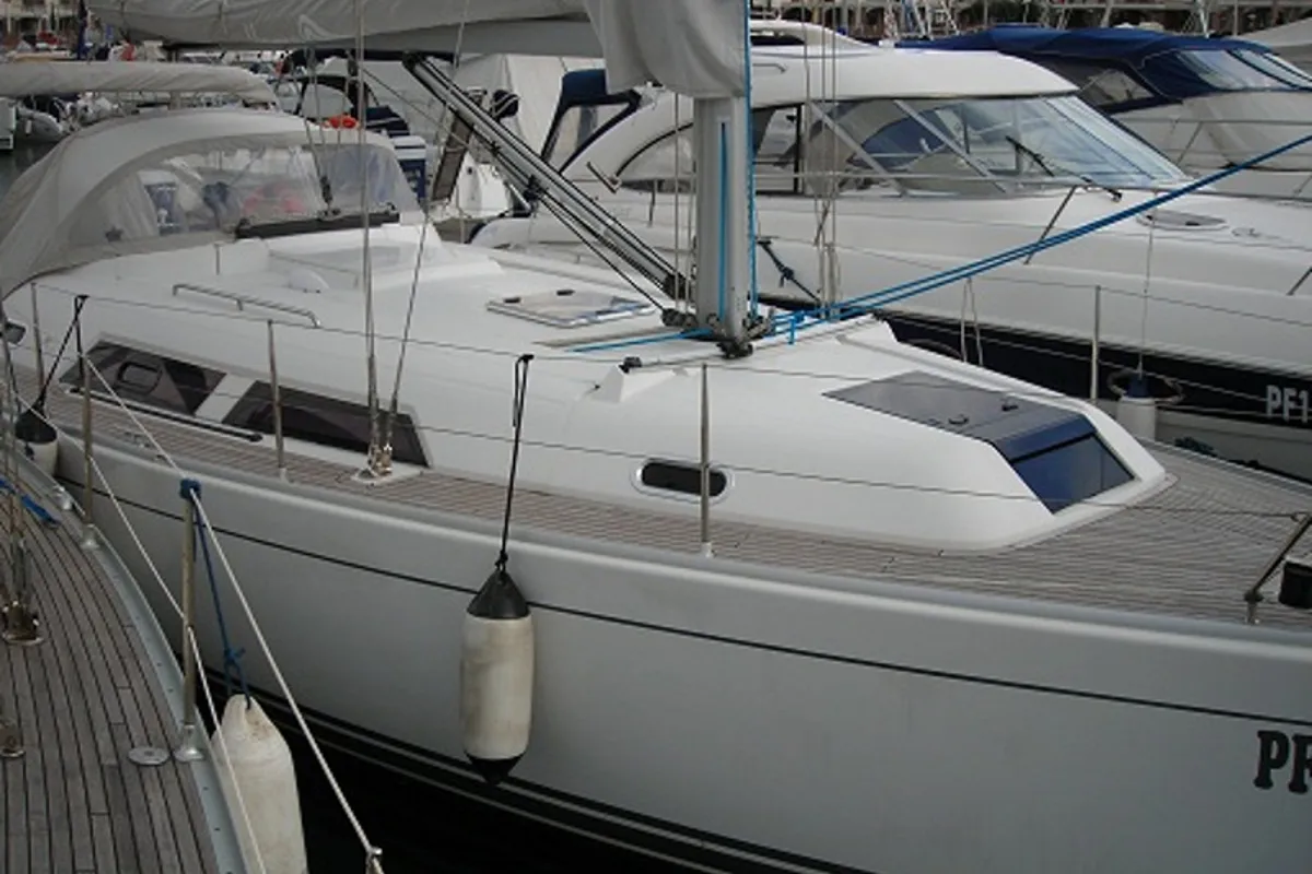 Exterior view of Sventola, a Hanse 370 sailboat at Piombino, Italy
