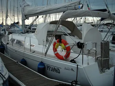 Exterior view of Sventola, a Hanse 370 sailboat at Piombino, Italy
