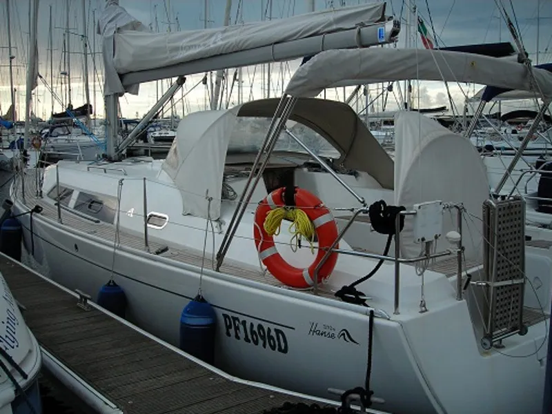 Exterior view of Sventola, a Hanse 370 sailboat at Piombino, Italy