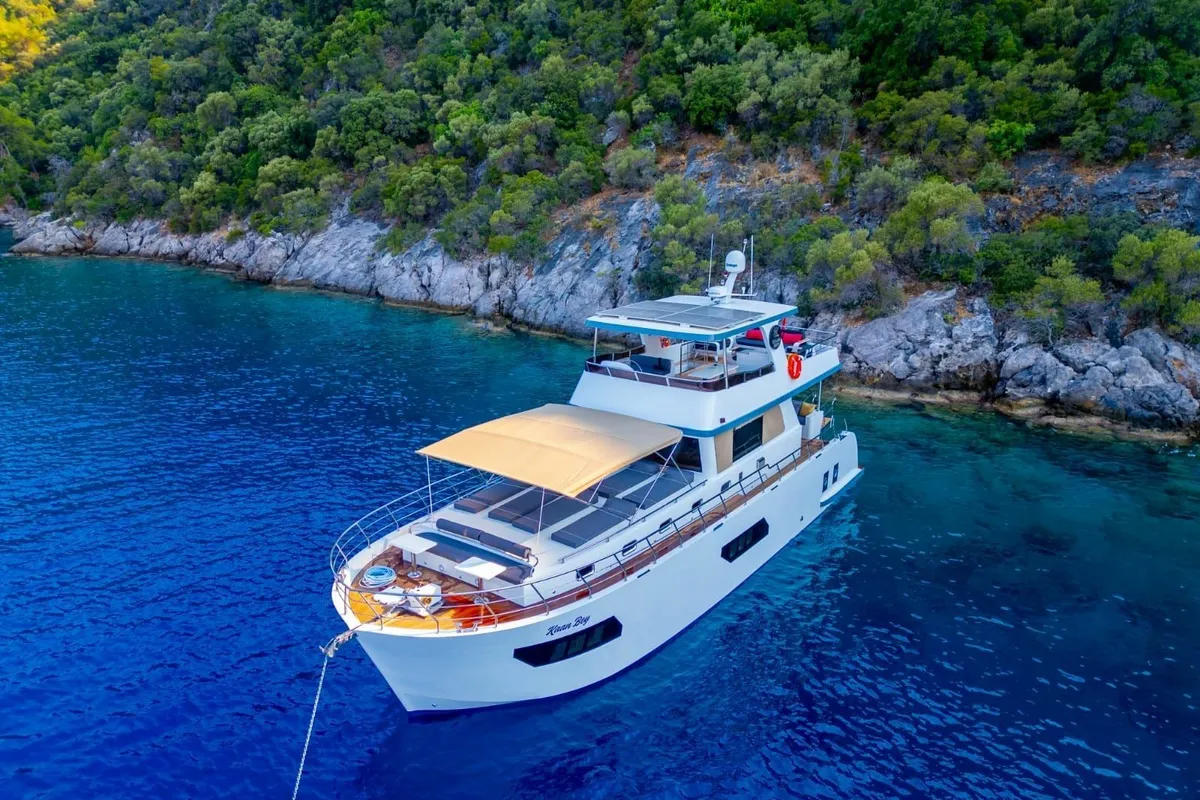 Exterior view of Kaan Bey, a Motoryacht motor yacht at Fethiye, Turkey