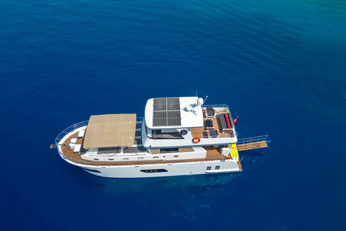 Exterior view of Kaan Bey, a Motoryacht motor yacht at Fethiye, Turkey