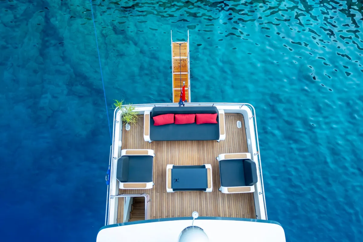 Deck of Kaan Bey, a Motoryacht motor yacht at Fethiye, Turkey