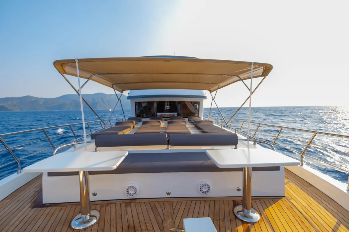 Deck of Kaan Bey, a Motoryacht motor yacht at Fethiye, Turkey