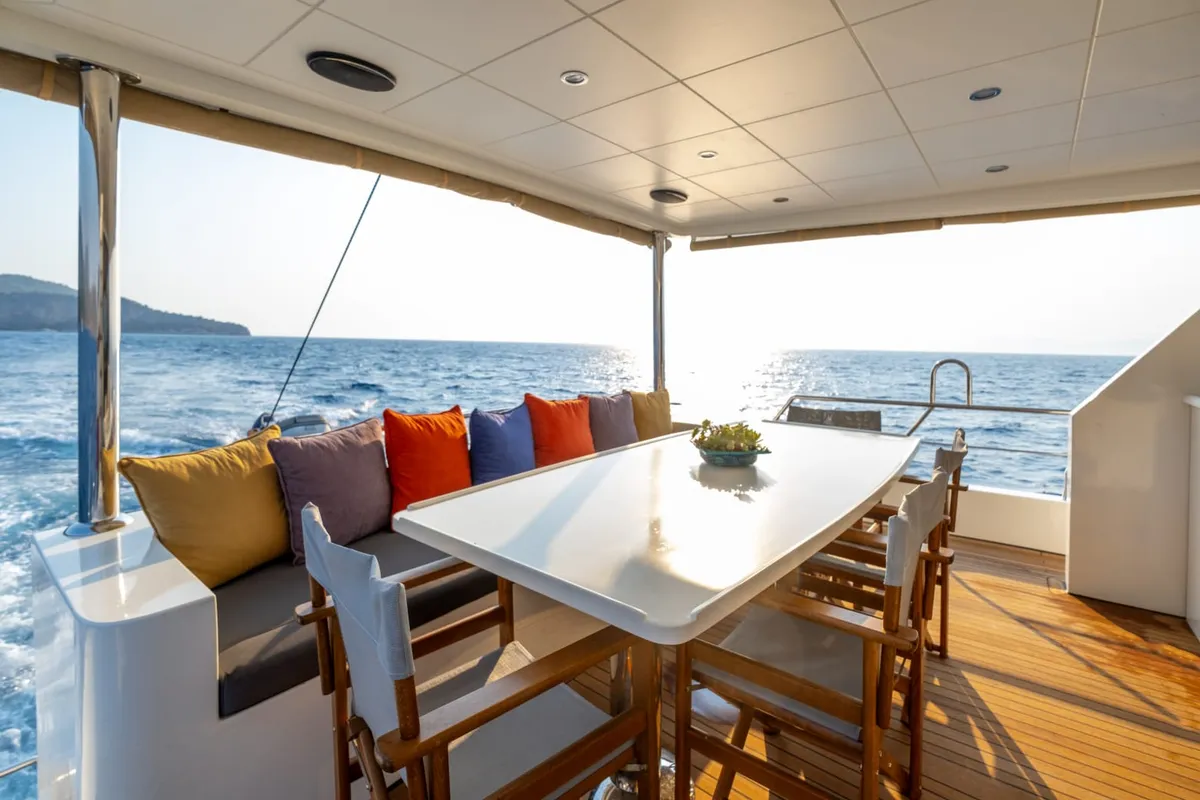 Deck of Kaan Bey, a Motoryacht motor yacht at Fethiye, Turkey