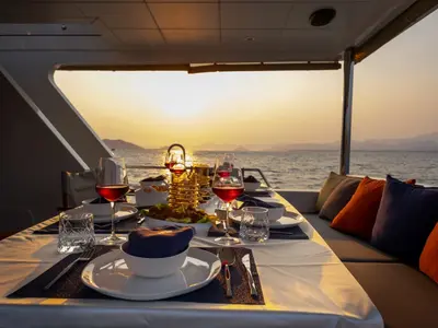 Deck of Kaan Bey, a Motoryacht motor yacht at Fethiye, Turkey