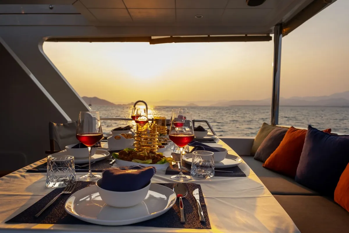 Deck of Kaan Bey, a Motoryacht motor yacht at Fethiye, Turkey