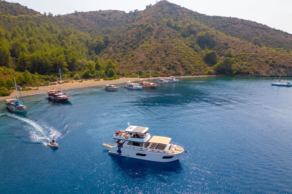 Exterior view of Kaan Bey, a Motoryacht motor yacht at Fethiye, Turkey