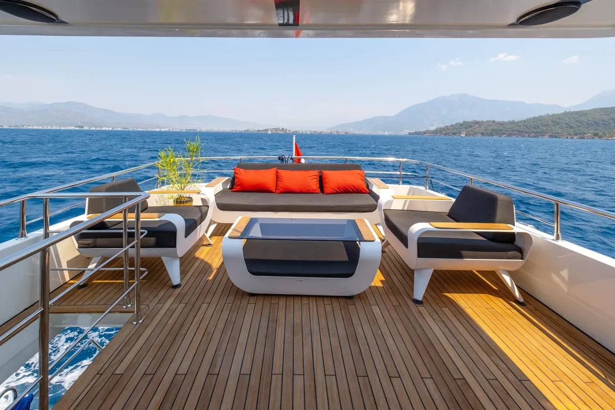 Deck of Kaan Bey, a Motoryacht motor yacht at Fethiye, Turkey