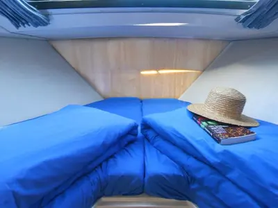 Cabin on Caprice, a Cygnet Caprice motorboat at Nieuwpoort, Belgium