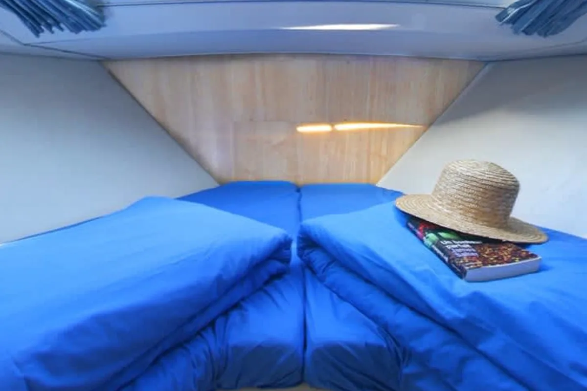 Cabin on Caprice, a Cygnet Caprice motorboat at Nieuwpoort, Belgium