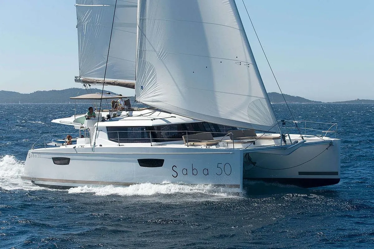 Exterior view of Alvin, a Fountaine Pajot Saba 50 catamaran at Capo d'Orlando, Italy