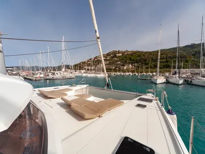 Deck of Alvin, a Fountaine Pajot Saba 50 catamaran at Capo d'Orlando, Italy