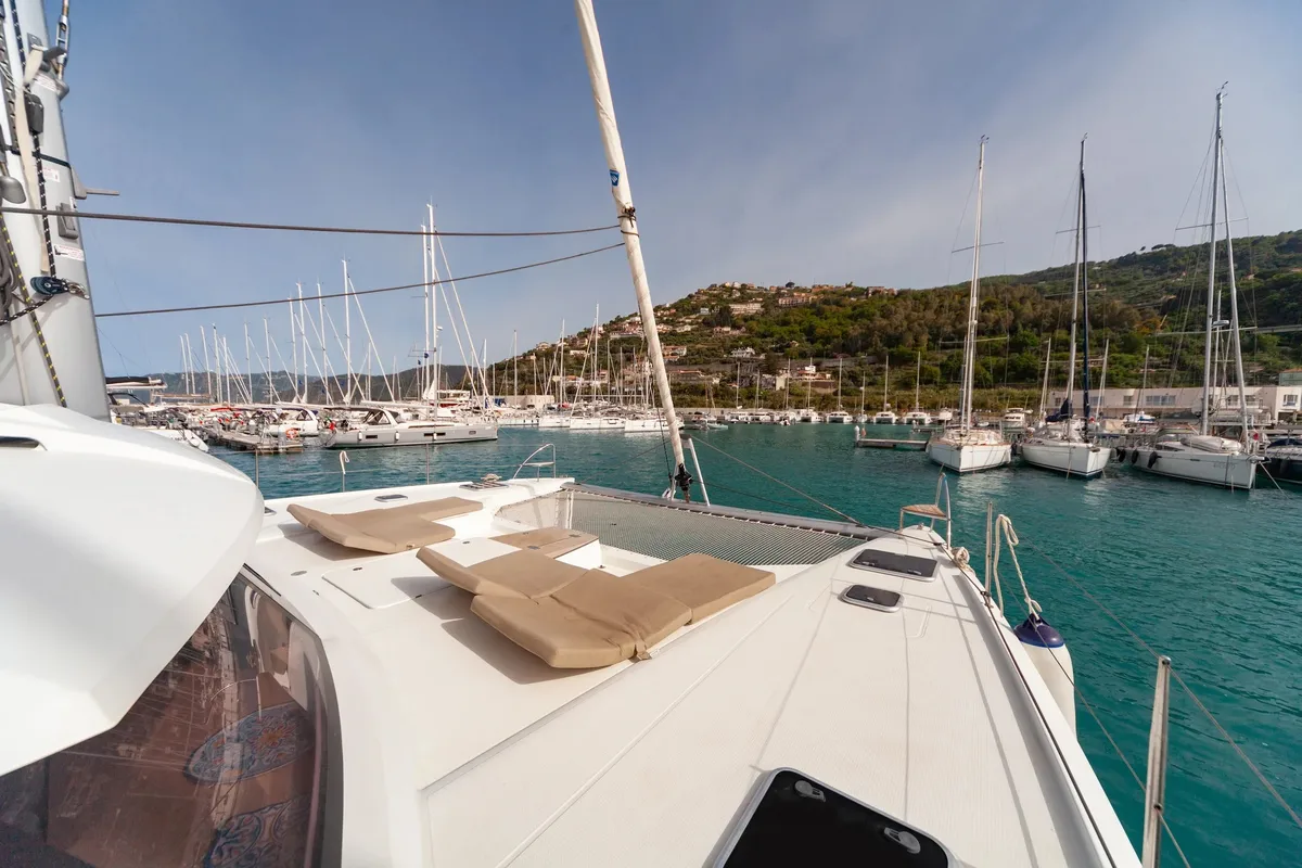 Deck of Alvin, a Fountaine Pajot Saba 50 catamaran at Capo d'Orlando, Italy