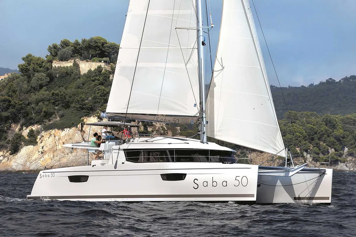 Exterior view of Alvin, a Fountaine Pajot Saba 50 catamaran at Capo d'Orlando, Italy