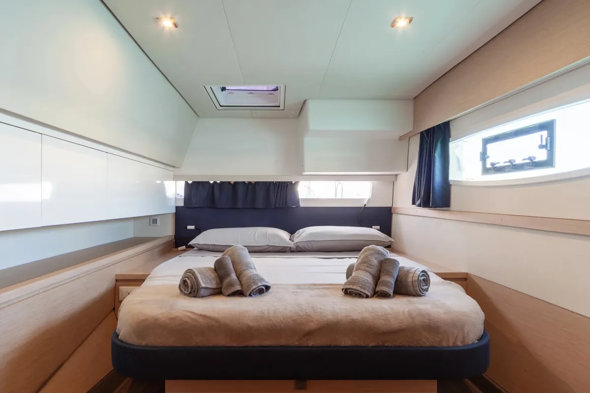 Cabin on Alvin, a Fountaine Pajot Saba 50 catamaran at Capo d'Orlando, Italy