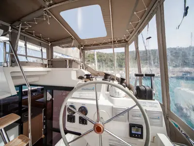 Cockpit of Alvin, a Fountaine Pajot Saba 50 catamaran at Capo d'Orlando, Italy