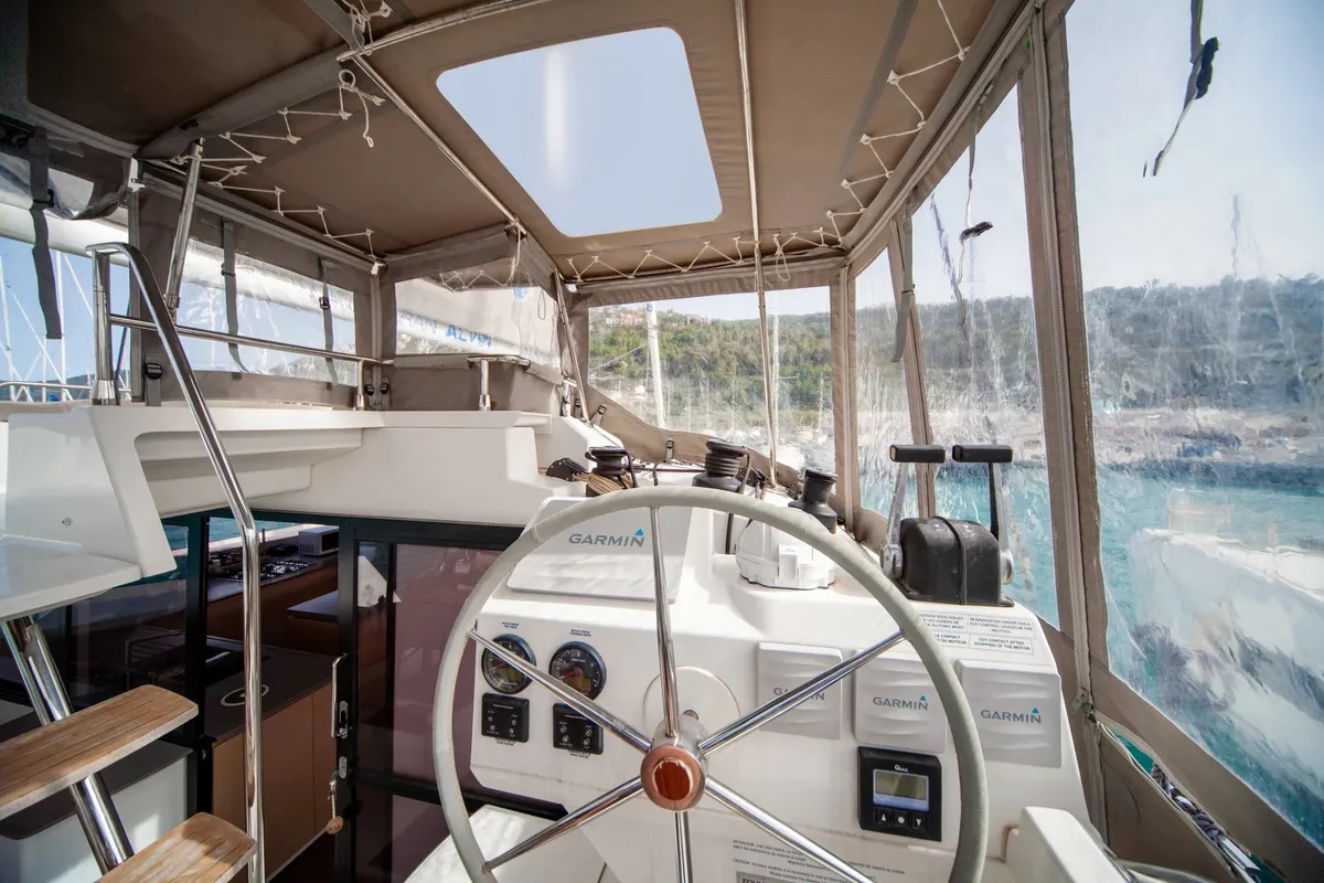 Cockpit of Alvin, a Fountaine Pajot Saba 50 catamaran at Capo d'Orlando, Italy