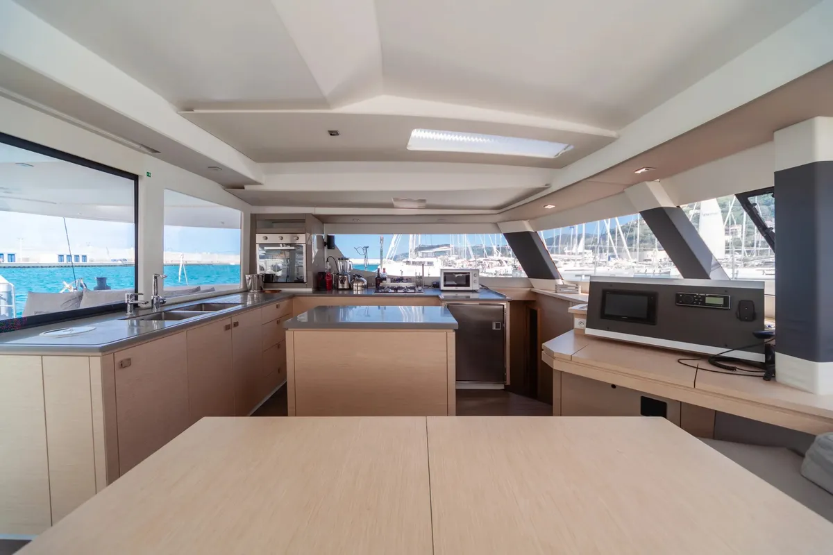 Galley of Alvin, a Fountaine Pajot Saba 50 catamaran at Capo d'Orlando, Italy