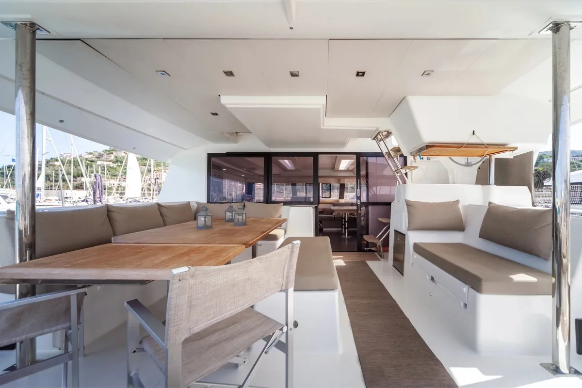 Deck of Alvin, a Fountaine Pajot Saba 50 catamaran at Capo d'Orlando, Italy