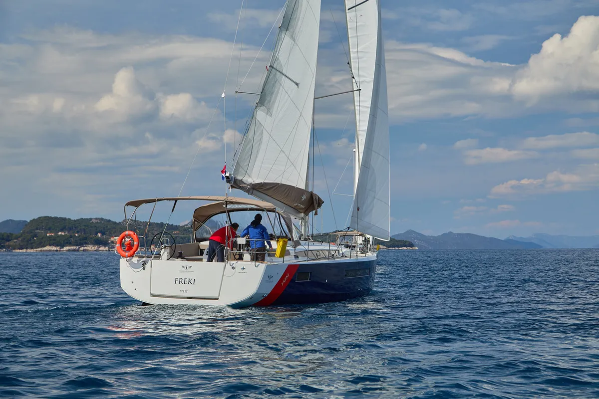 Exterior view of Freki, a Jeanneau Sun Odyssey 490 sailboat at Primošten, Croatia
