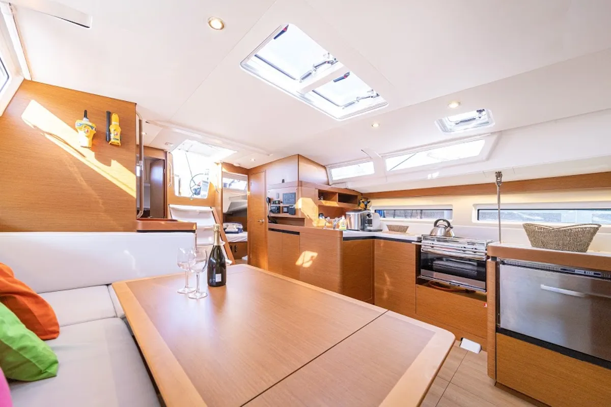 Salon of Freki, a Jeanneau Sun Odyssey 490 sailboat at Primošten, Croatia