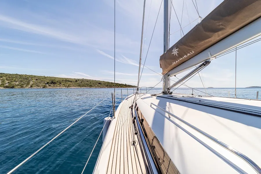 Deck of Freki, a Jeanneau Sun Odyssey 490 sailboat at Primošten, Croatia