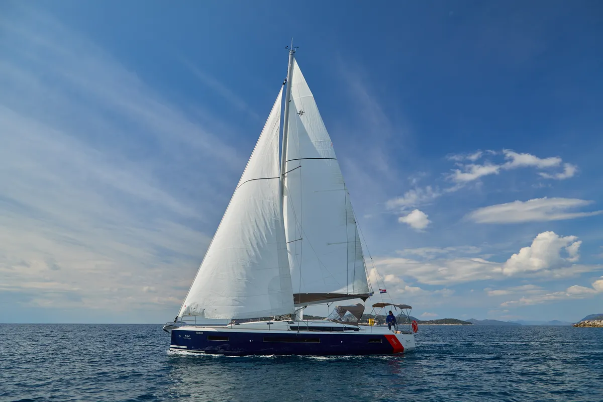 Exterior view of Freki, a Jeanneau Sun Odyssey 490 sailboat at Primošten, Croatia