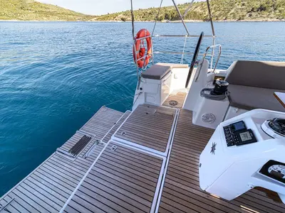Cockpit of Freki, a Jeanneau Sun Odyssey 490 sailboat at Primošten, Croatia