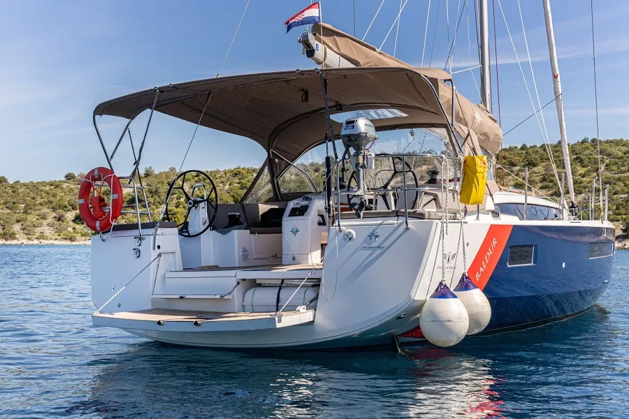 Exterior view of Freki, a Jeanneau Sun Odyssey 490 sailboat at Primošten, Croatia