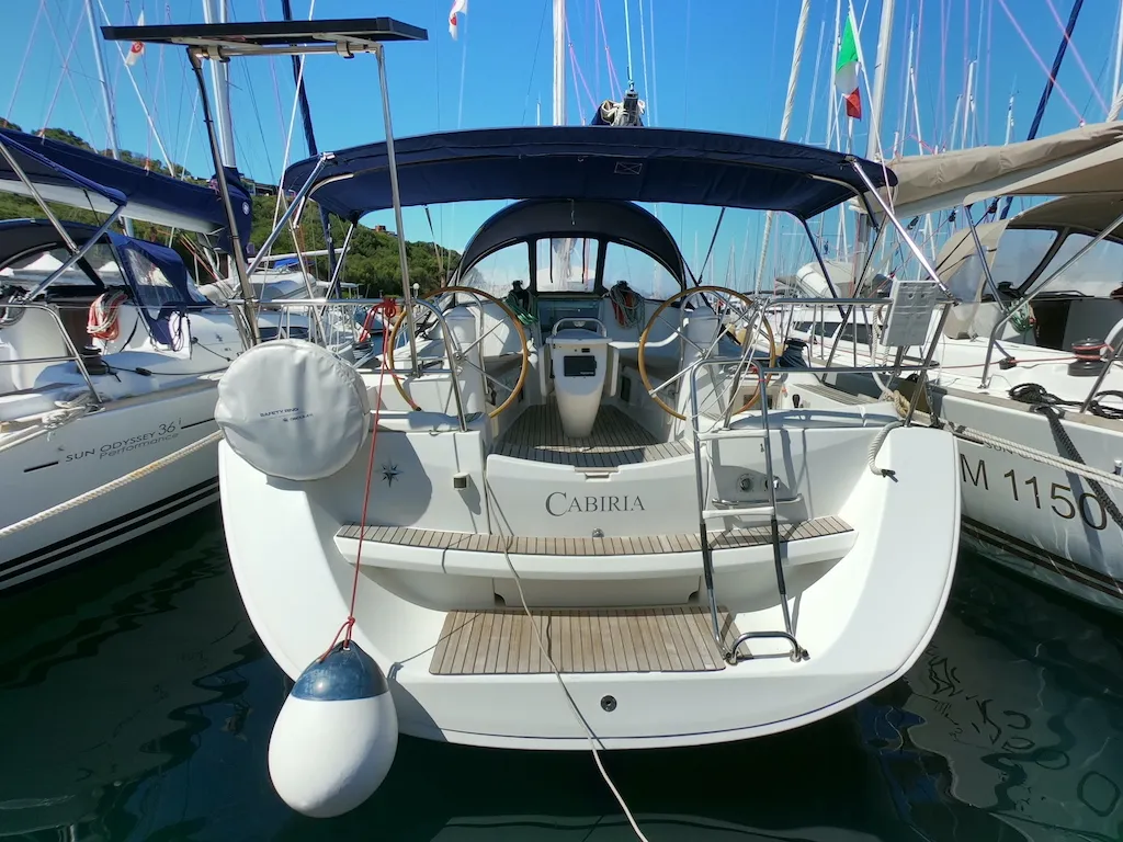 Exterior view of Cabiria, a Jeanneau Sun Odyssey 39i sailboat at Olbia, Italy