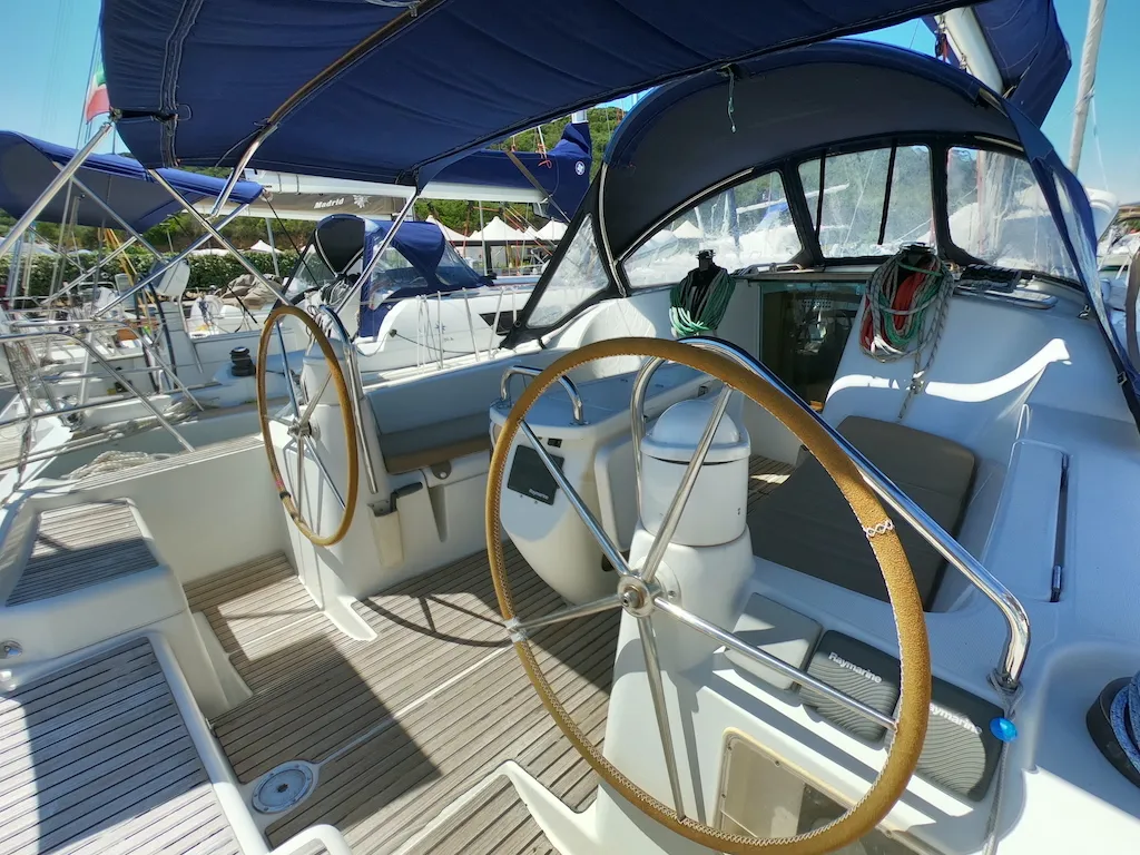 Cockpit of Cabiria, a Jeanneau Sun Odyssey 39i sailboat at Olbia, Italy