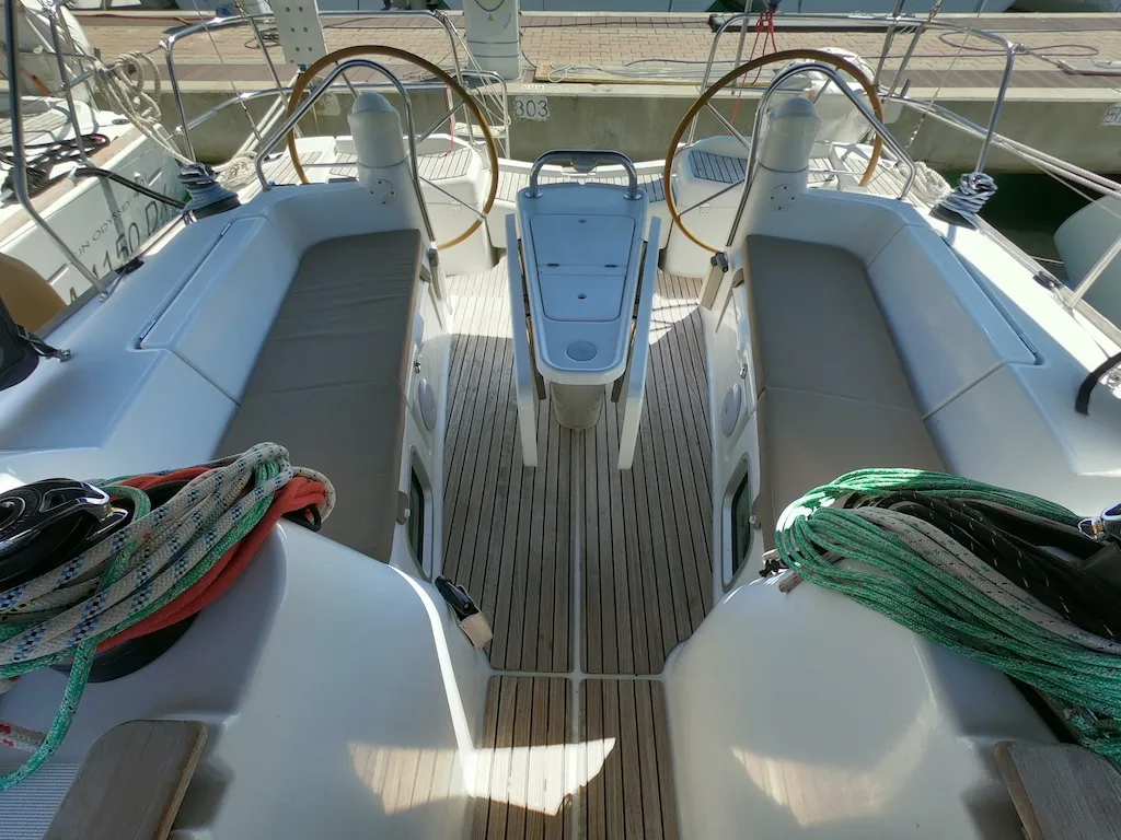 Cockpit of Cabiria, a Jeanneau Sun Odyssey 39i sailboat at Olbia, Italy