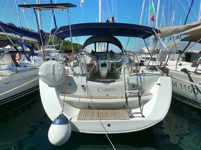 Cockpit of Cabiria, a Jeanneau Sun Odyssey 39i sailboat at Olbia, Italy