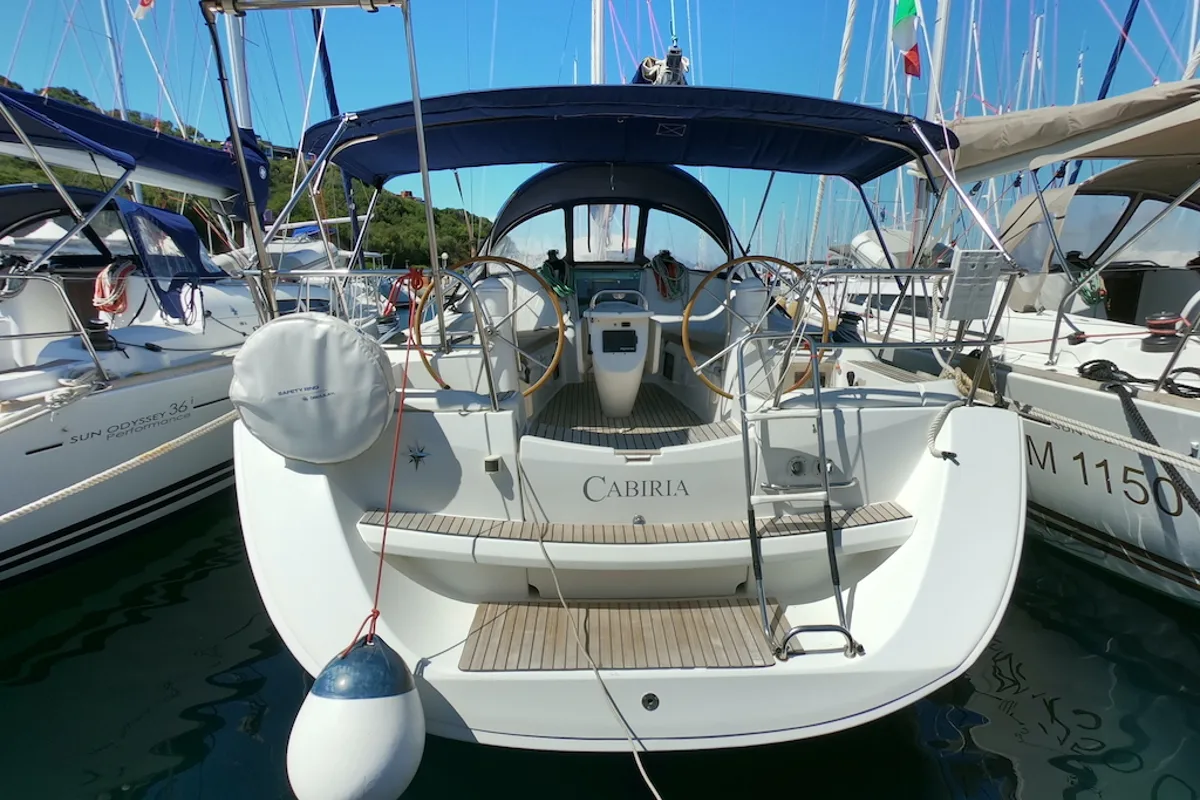 Cockpit of Cabiria, a Jeanneau Sun Odyssey 39i sailboat at Olbia, Italy