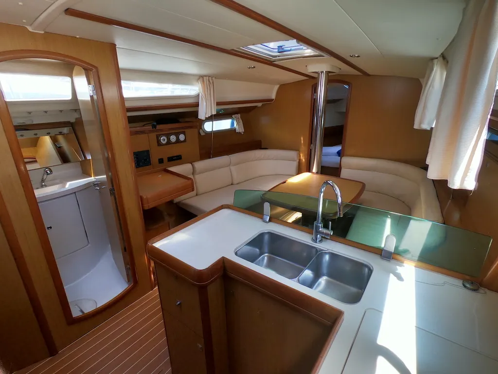 Galley of Cabiria, a Jeanneau Sun Odyssey 39i sailboat at Olbia, Italy