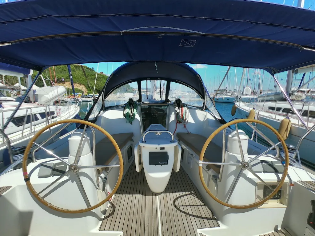 Cockpit of Cabiria, a Jeanneau Sun Odyssey 39i sailboat at Olbia, Italy