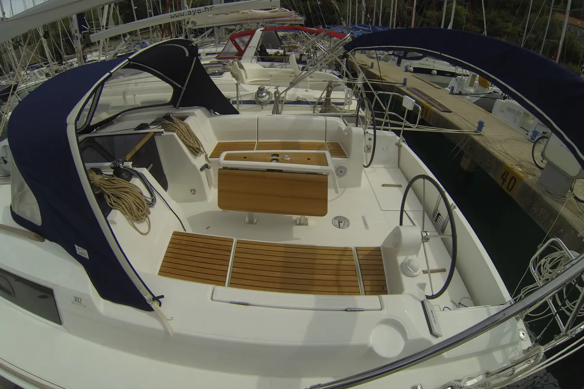 Deck of Gangaro, a Dufour 382 Grand Large sailboat at Općina Medulin, Croatia