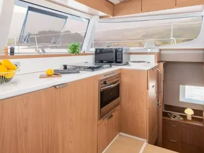 Galley of Zen Flow, a Bali Catsmart catamaran at Figari/Golfo Aranci, Italy